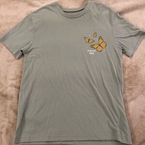 Sage Green Short-Sleeve Tee with Orange Butterfly Graphic